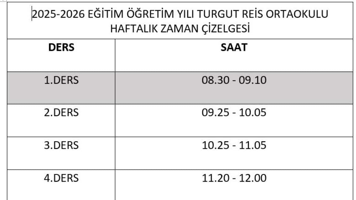 2025-2026 EĞİTİM ÖĞRETİM YILI OKULUMUZ HAFTALIK ZAMAN ÇİZELGESİ
